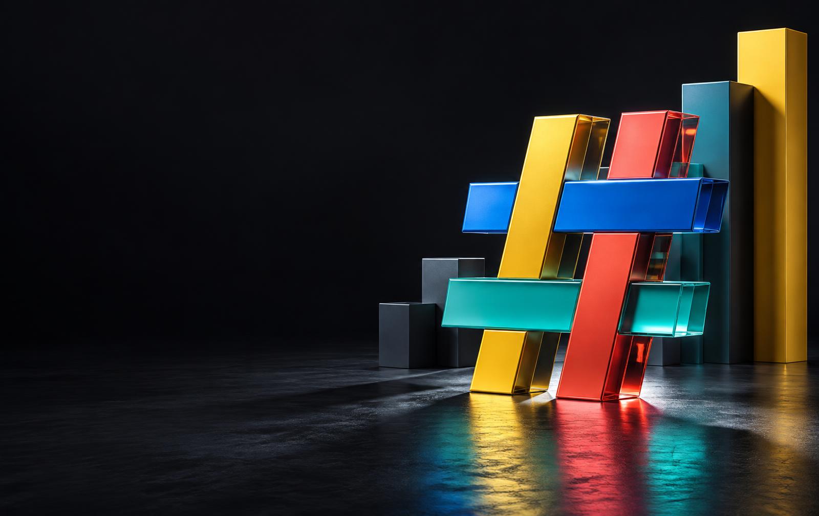 Colorful sculptural hashtag with rising forms